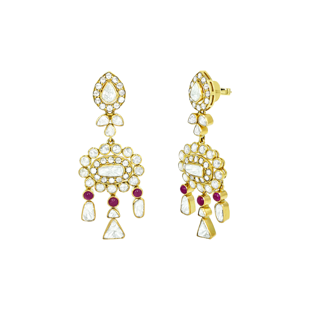 Polki Earrings with Ruby Accents and Dangling Drops